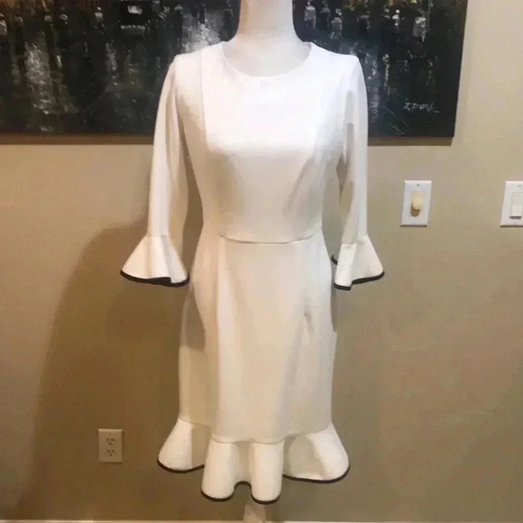 Nanette Lepore White Bell Sleeve Midi Dress with Black Trim-Size 4 - Picture 1 of 12